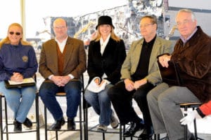 Left to right:  Council Member Molly Markert, Mayor Ed Tauer, Channel 8 host Jacquie Palisi, Council Member Bob Broom and Miller-Weingarten's Skip Miller at the "Crash--Celebrate" Buckingham Square Demolition Party in February of 2008.